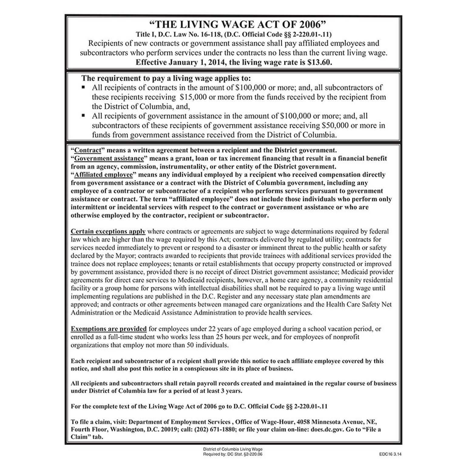 ComplyRight District of Columbia Living Wage Downloadable Poster (EDC16)