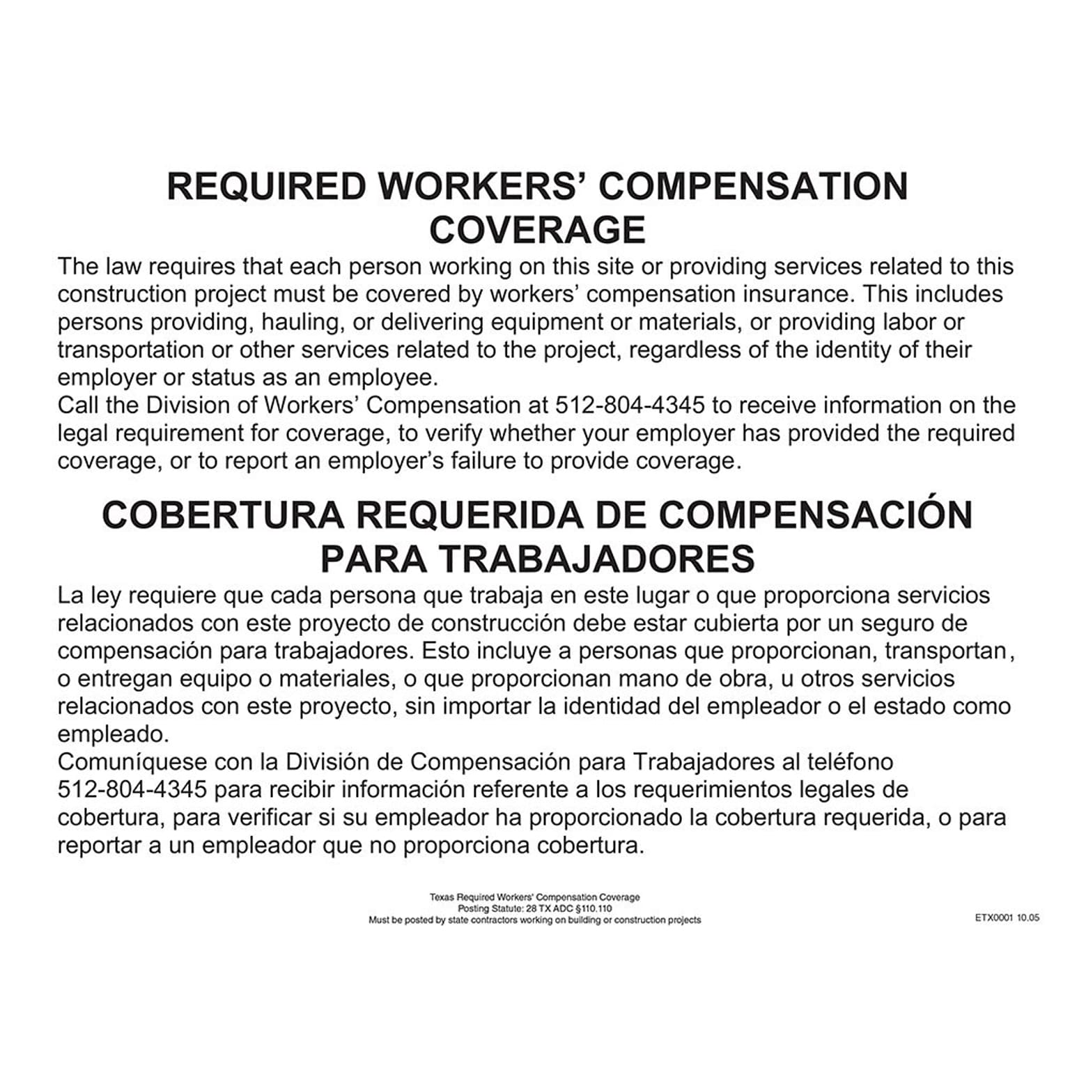 ComplyRight Texas Workers Compensation Coverage Poster (ETX0001)