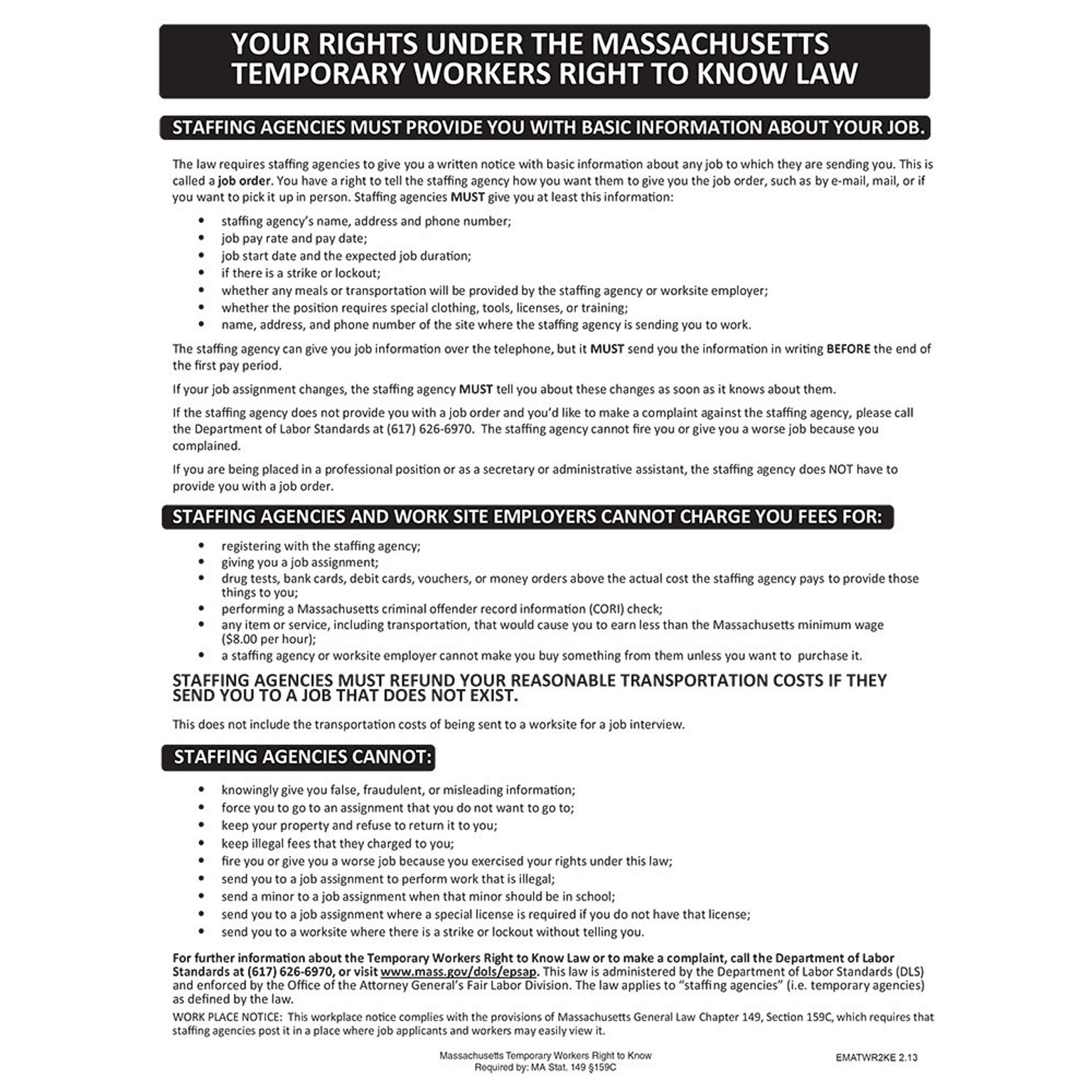 ComplyRight Massachusetts Temporary Workers Right to Know Law English Poster (EMATWR2KE)