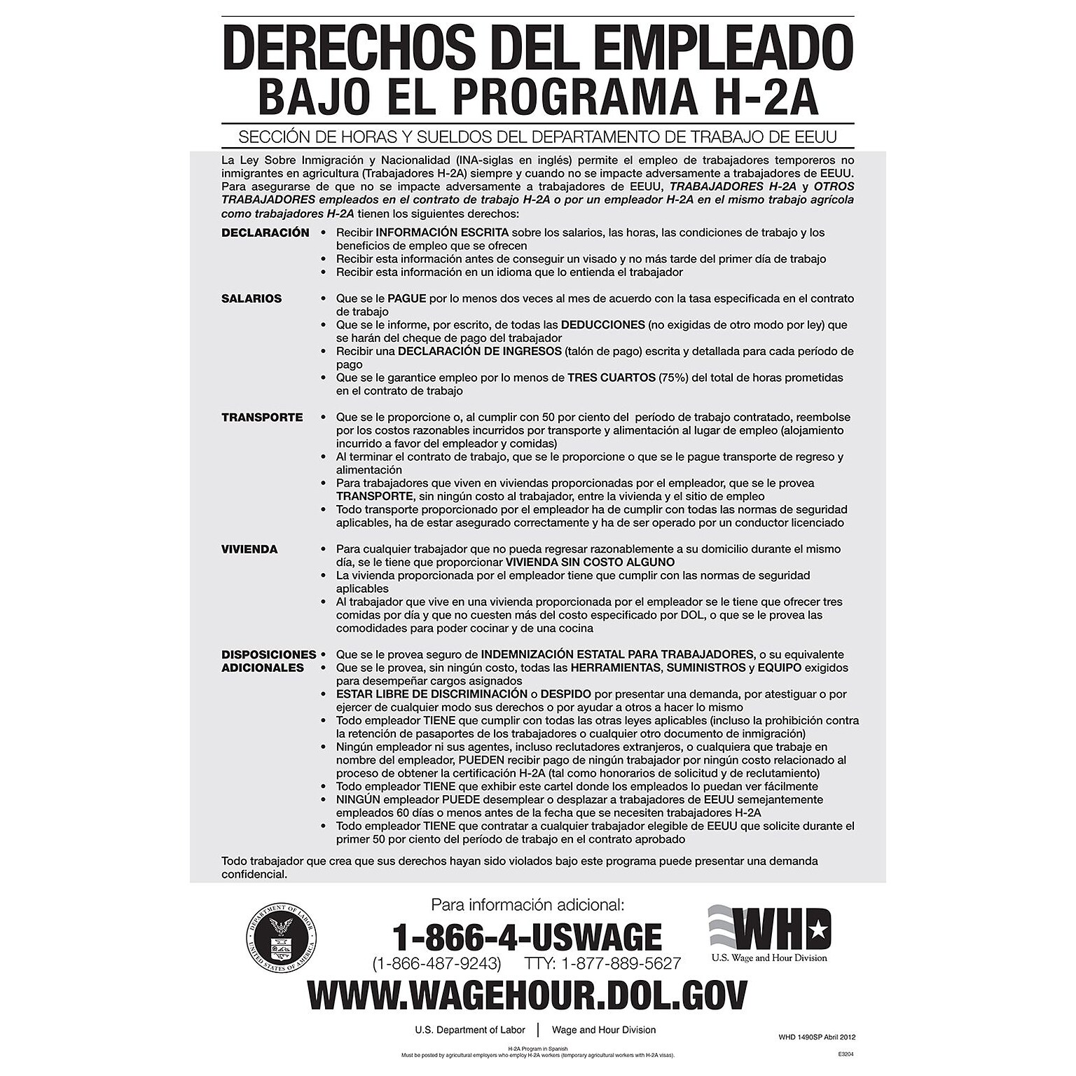ComplyRight Employee Rights Under H-2A Program Spanish Poster (E3204)
