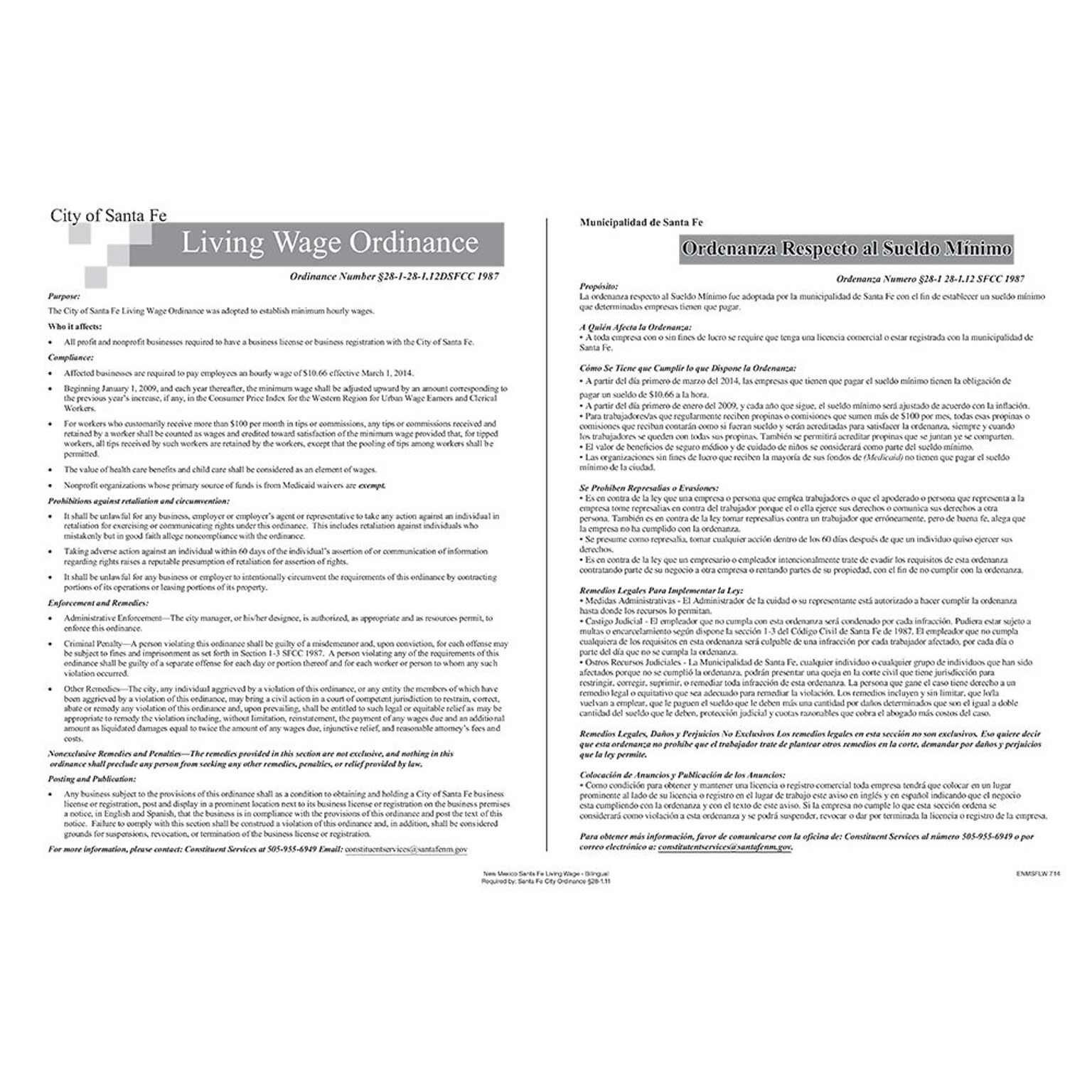 ComplyRight Santa Fe Living Wage Ordinance Bilingual Poster (ENMSFLW)