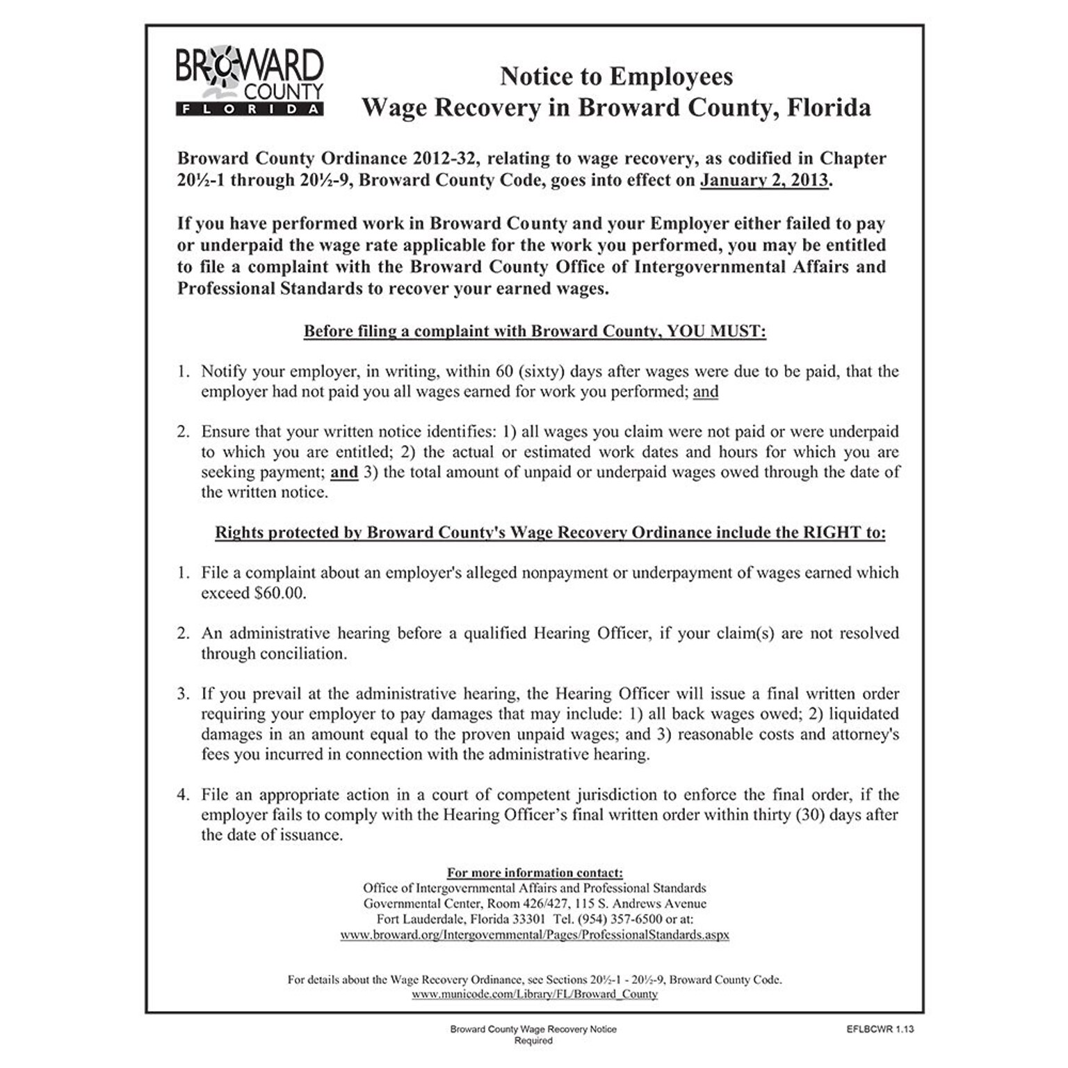 ComplyRight Broward County Wage Recovery Poster (EFLBCWR)