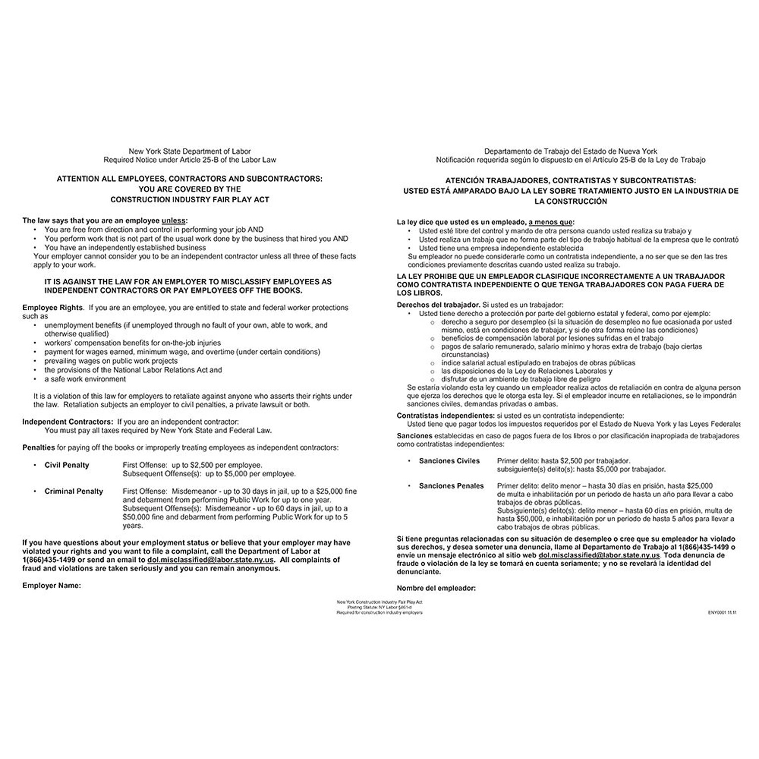 ComplyRight™ New York Construction Industry Fair Play Act Poster