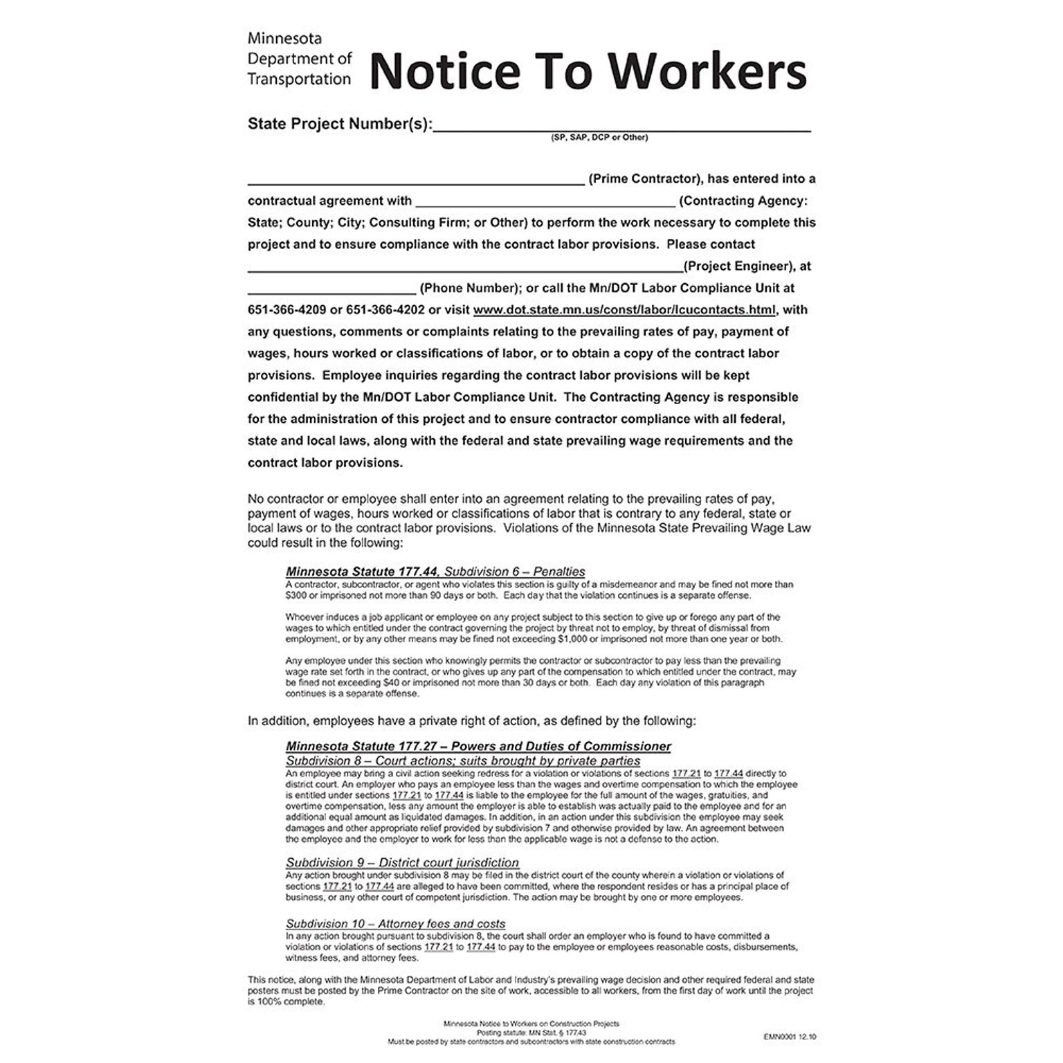ComplyRight Minnesota Notice Worker Construction Projects Poster (EMN0001)