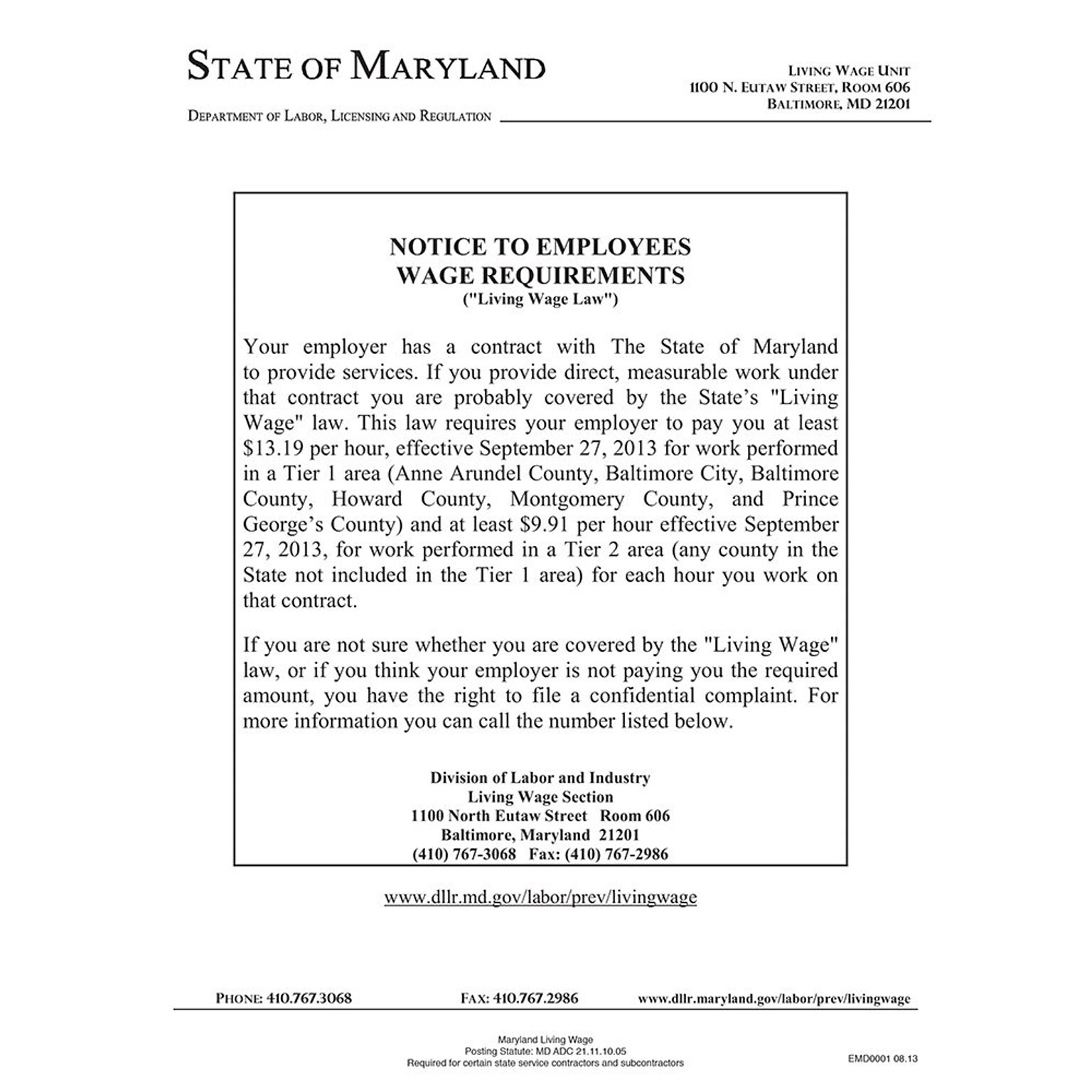 ComplyRight Maryland Living Wage Law Poster (EMD0001)