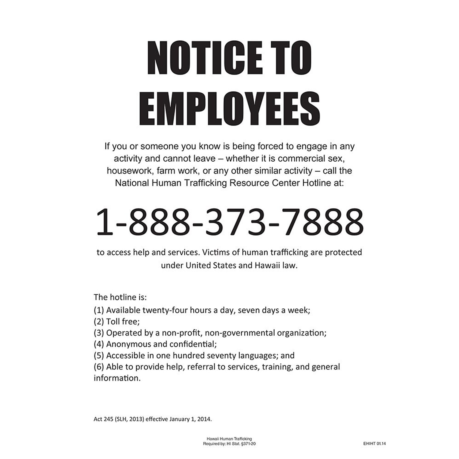 ComplyRight Hawaii Human Trafficking English Poster (EHIHT)