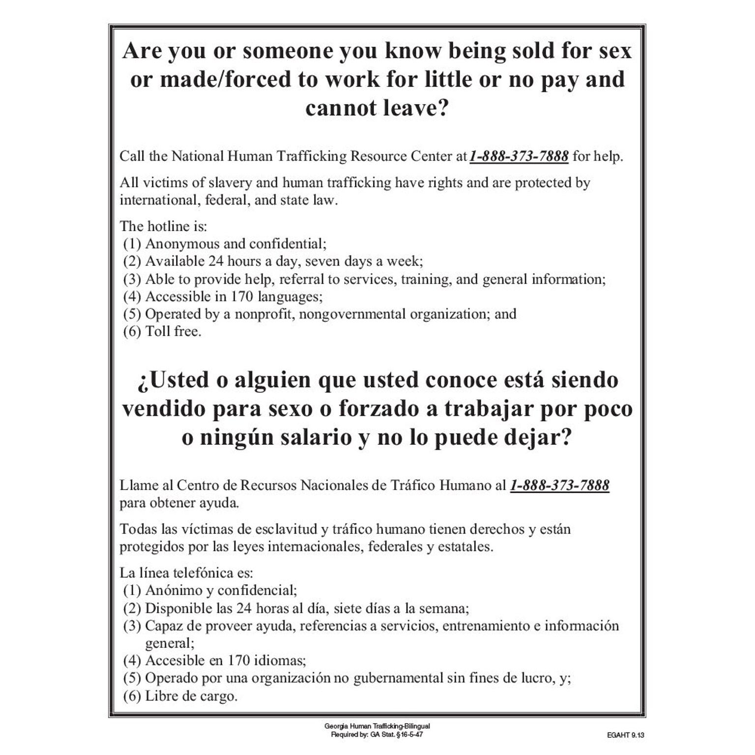 ComplyRight Georgia Human Trafficking Bilingual Poster (EGAHT)