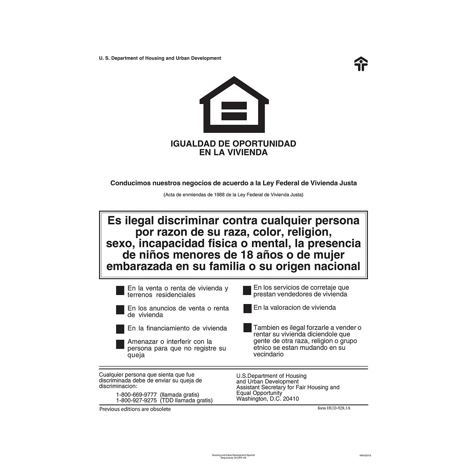 ComplyRight Federal Fair HUD Equal Housing Opportunity Spanish Poster (E8113)