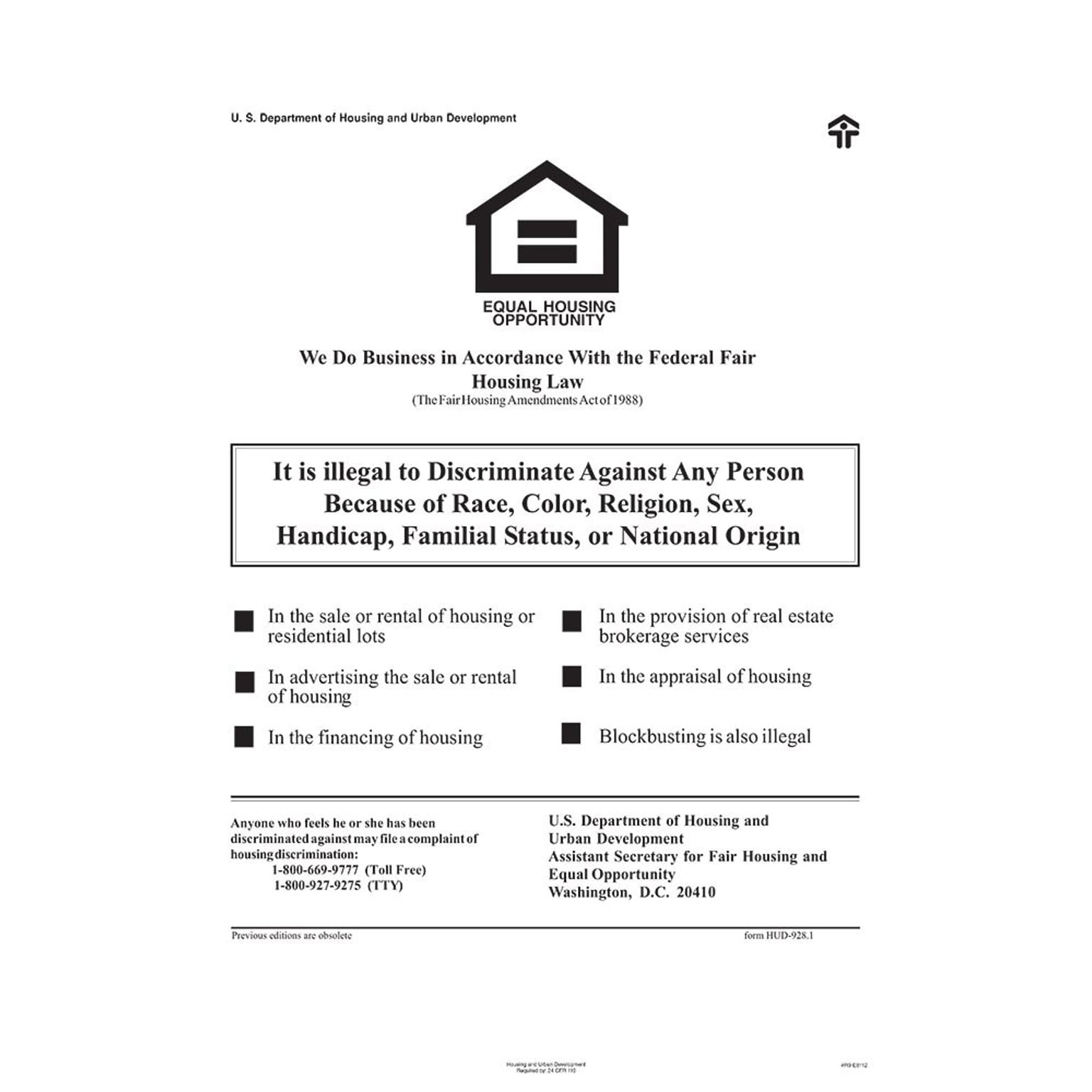 ComplyRight™ Federal Fair HUD Equal Housing Opportunity Poster (E8112)