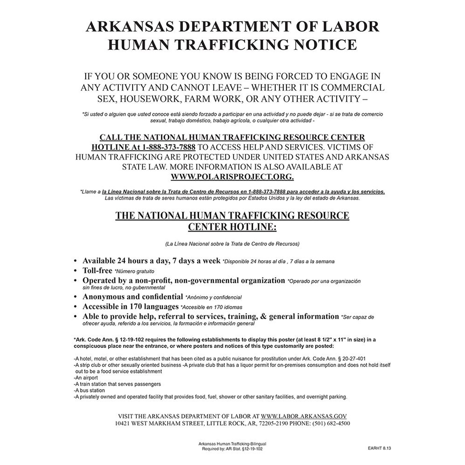 ComplyRight Arkansas Human Trafficking Poster (EARHT)