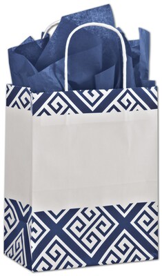 Bags & Bows® Larissa 10 1/2 x 8 1/4 x 4 3/4 Mini Pack Cub Shoppers Bag, Blue On White, 25/PK