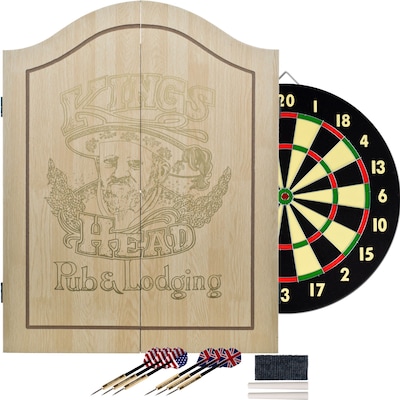 Trademark Light Wood Dartboard Cabinet Set, Kings Head Value
