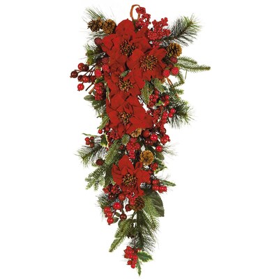 Nearly Natural 4656 Poinsettia Teardrop Swag, Red