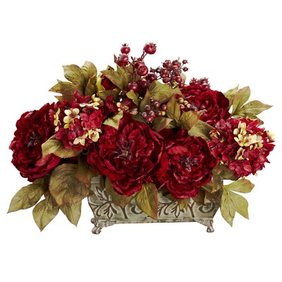 Nearly Natural 4929 Peony and Hydrangea Silk Floral Arrangements, Red