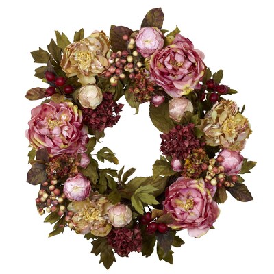 Nearly Natural 4930 24 Peony Hydrangea Wreath, Pink