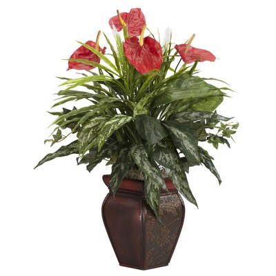 Nearly Natural 6678 Mixed Greens and Anthurium Desk Top Plant in Decorative Vase