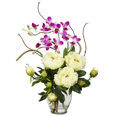 Nearly Natural 1175-WH Peony and Orchid Floral Arrangements, White