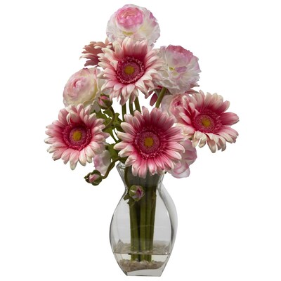 Nearly Natural 1298-PK Gerber Daisy Ranunculus Floral Arrangements, Pink