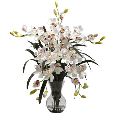 Nearly Natural 1300-WH Large Cymbidium with Vase Floral Arrangements, White