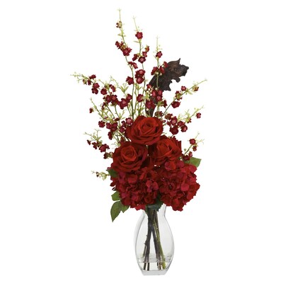 Nearly Natural 1327 Hydrangea Cherry Blossom Rose Floral Arrangements, Red