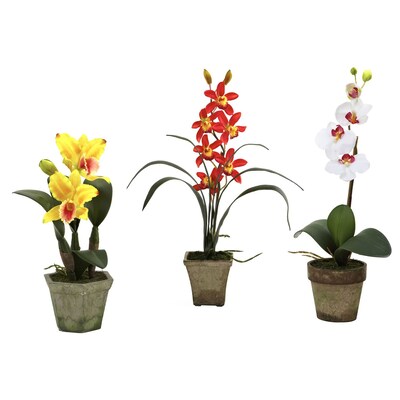 Nearly Natural 4985-A3-S3 Potted Orchid Mix Set of 3 Floral Arrangements, Assorted