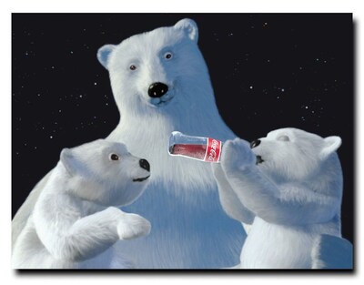 Trademark Fine Art Coke Polar Bear with Cubs and Coke Bottle 28 x 36 Canvas Art