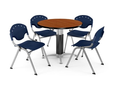 OFM™ 36 Round Cherry Laminate Multi-Purpose Table With 4 Rico Chairs, Navy