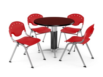 OFM™ 36 Round Mahogany Laminate Multi-Purpose Table With 4 Rico Chairs, Red