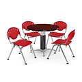 OFM™ 42 Round Mahogany Laminate Multi-Purpose Table With 4 Rico Chairs, Red