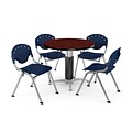 OFM™ 36 Round Mahogany Laminate Multi-Purpose Table With 4 Rico Chairs, Navy