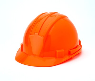 Mutual Industries Polyethylene 6-Point Ratchet Suspension Short Brim Hard Hat, Hi-Vis Orange (50215-145)