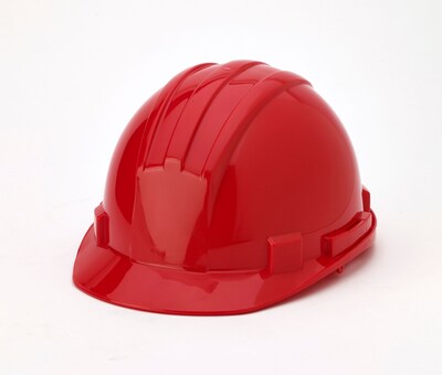 Mutual Industries Polyethylene 4-Point Ratchet Suspension Short Brim Hard Hat, Red (50200-79)