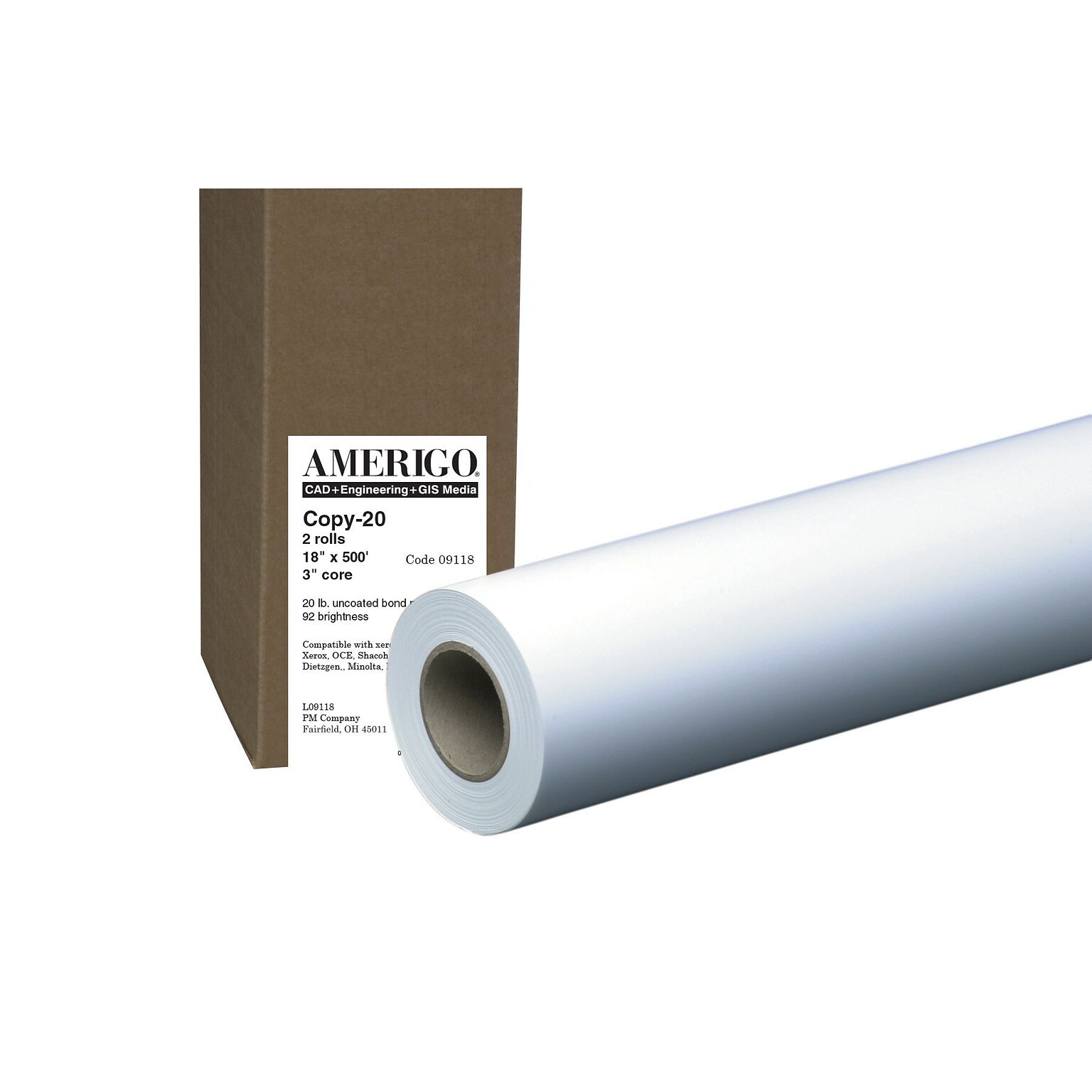 PM Company® Amerigo® Bond Inkjet Uncoated 92 Brightness 3 Core Wide Format Roll, 18 x 500, White (9118)