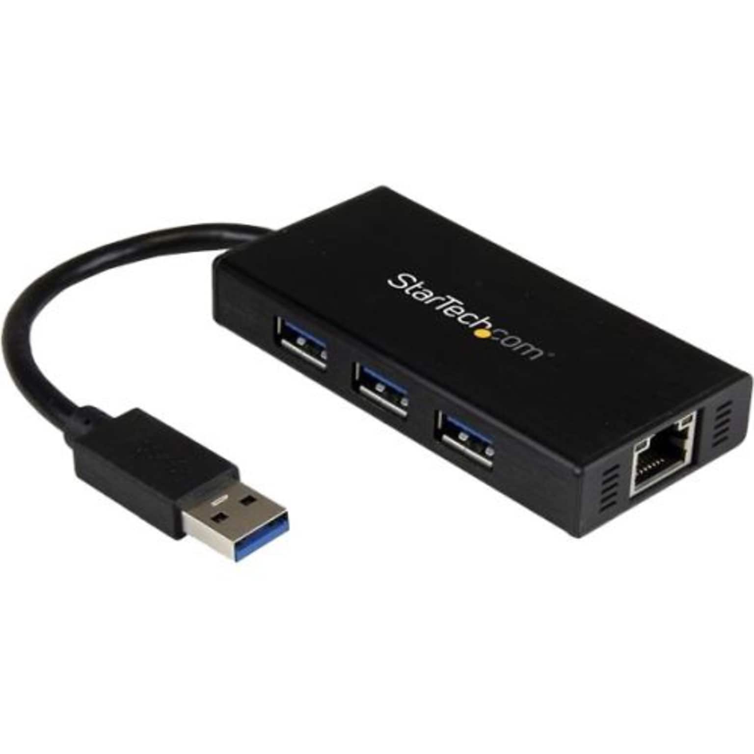 Startech 3 Port Portable USB 3.0 Hub With Gigabit Ethernet Adapter NIC; Black