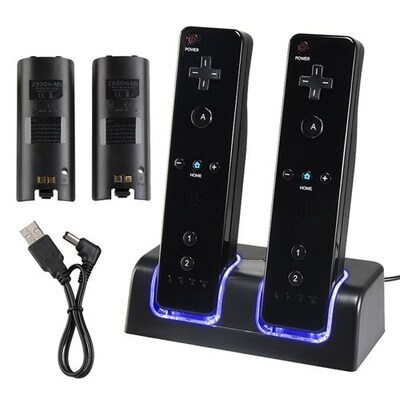 Insten® Dual Charging Station W/2 Rechargeable Batteries & LED Light F/Wii Remote Control; Black