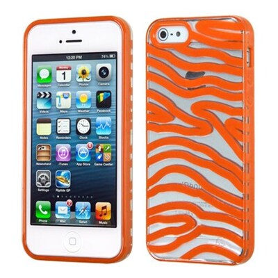 Insten® Gummy Cover F/iPhone 5/5S; Transparent Clear/Solid Orange Zebra Skin
