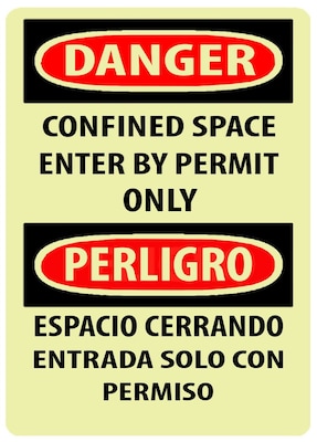 Danger, Confined Space Enter By Permit Only, Bilingual, 14X10, Adhesive Glo Vinyl
