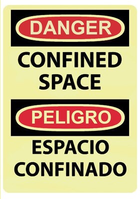 Danger, Confined Space, Bilingual, 14X10, Adhesive Glow Vinyl