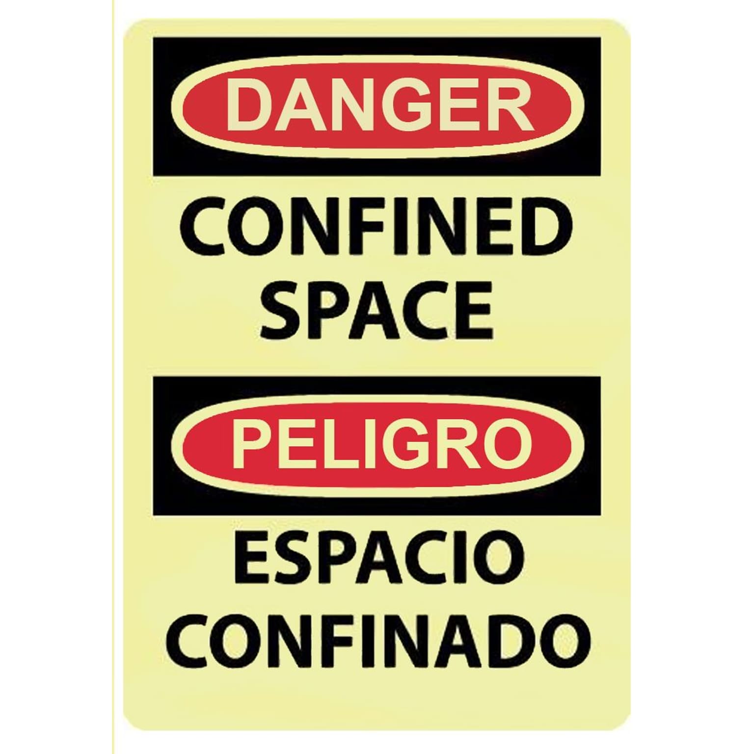 Danger, Confined Space, Bilingual, 14X10, Adhesive Glow Vinyl