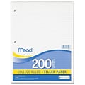Filler Paper, College Ruled, 3 Hole Punched, 16 lb Stock, Red Margin Rule, 8-1/2x11, White, 200 Sh