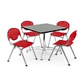 OFM PKG-BRK-05-0008 36 Square Wood Multi-Purpose Table with 4 Chairs, Gray Nebula Table/Red Chair