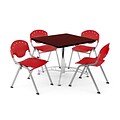 OFM PKG-BRK-05-0014 36 Square Wood Multi-Purpose Table with 4 Chairs, Mahogany Table/Red Chair