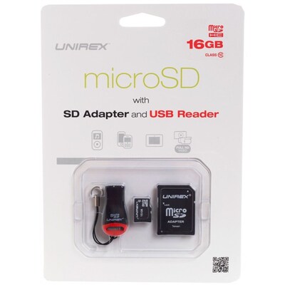 Unirex® 16GB MicroSD High Capacity Class 10 Memory Card With SD Adapter/USB Reader