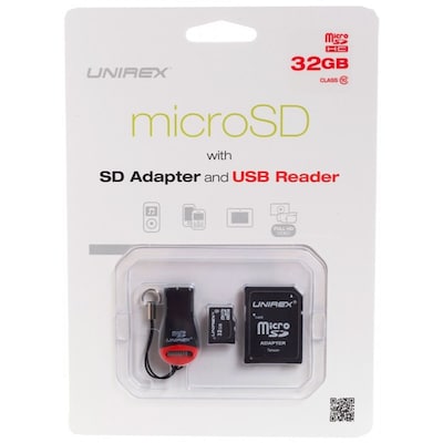 Unirex® 32GB MicroSD High Capacity Class 10 Memory Card With SD Adapter/USB Reader