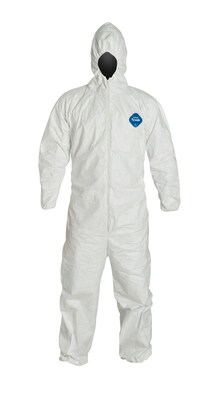 DuPont® Tyvek® Coverall, 2XL Size, Attached Hood, Front Zipper, White, Serged Seams, 25/CT