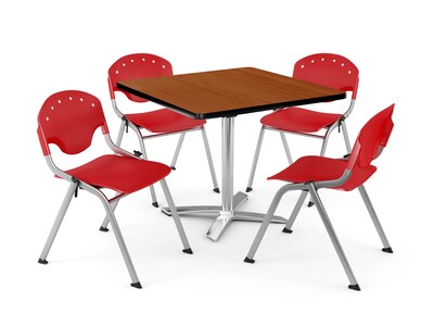 OFM PKG-BRK-020-0002 42 Square Laminate Multi-Purpose Table with 4 Chairs, Cherry Table/Red Chair