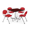 OFM PKG-BRK-019-0014 36 Square Laminate Multi-Purpose Table with 4 Chairs, Mahogany Table/Red Chair