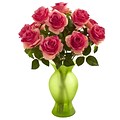Nearly Natural 1351-DP Roses with Colored Glass Vase, Dark Pink