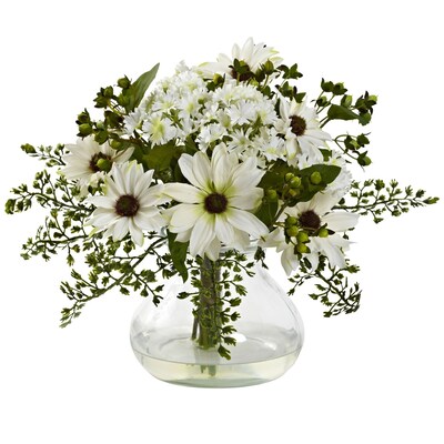 Nearly Natural 1354-WH Mixed Daisy Arrangement with Vase, White