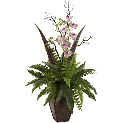 Nearly Natural 1365 Fern & Orchid Arrangement 36 x 20 inch, Green & White